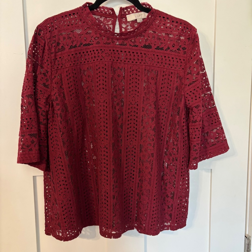 LOFT Burgundy Floral Lace Mock Neck Blouse Elbow Sleeve L Boho cottage core